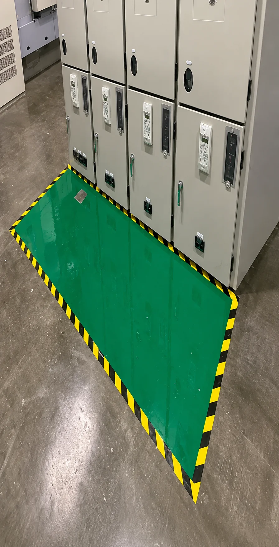 Completed green ESD floor mat in front of a switchgear lineup, edged with black and yellow hazard tape to mark the safe working zone.