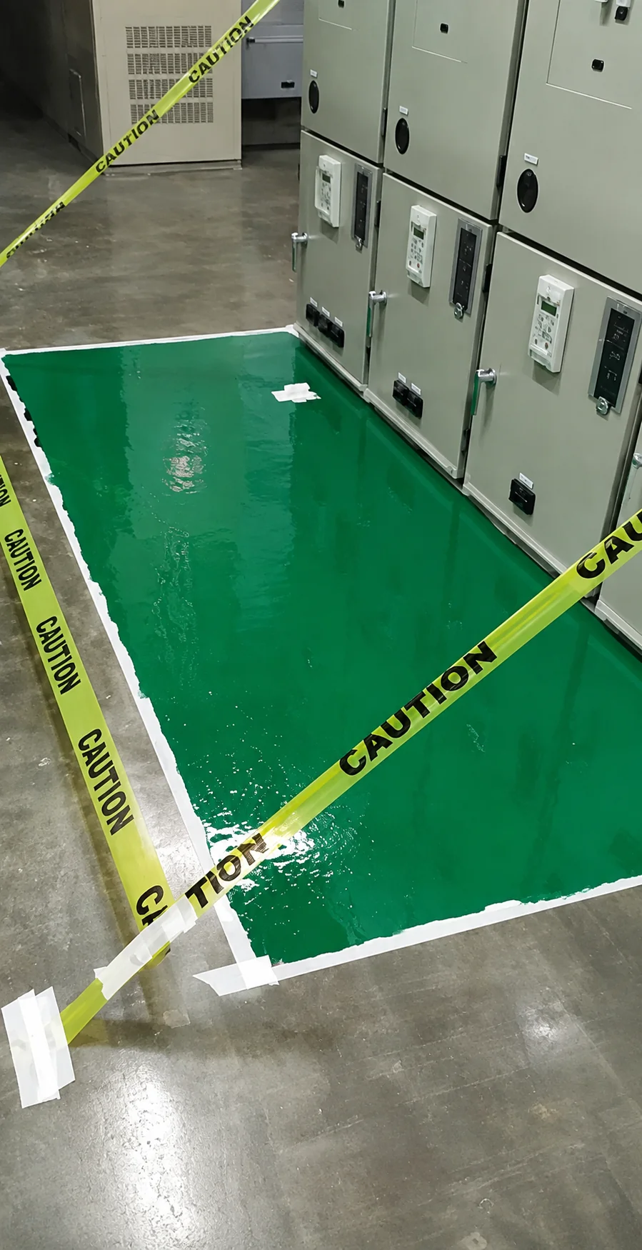 Freshly poured green ESD epoxy topcoat curing in front of switchgear panels, still glossy and cordoned off with yellow caution tape.
