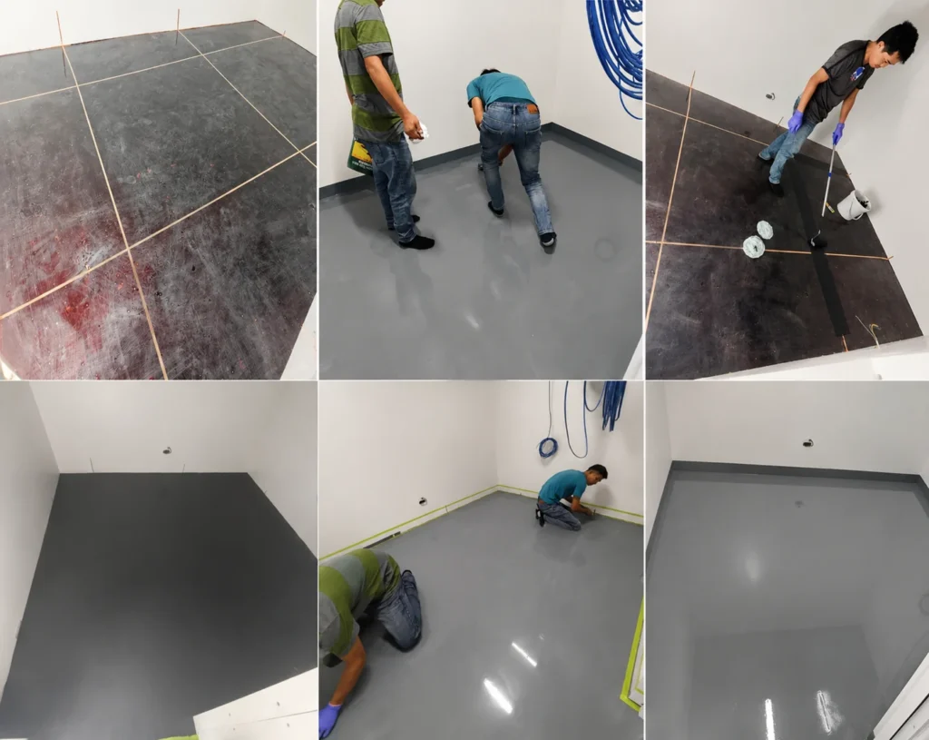 Six-panel progress collage of an ESD flooring installation: copper grounding grid laid on the primed substrate, black conductive coating rolled on, installers finishing and edge-detailing the grey epoxy topcoat, and the completed grey floor with coved skirting.
