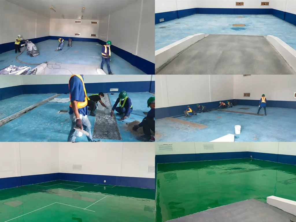 Six-panel progress collage of an ESD flooring project: floor grinding and vacuuming, exposed concrete substrate, patching and levelling, edge preparation, and the finished green epoxy floor.