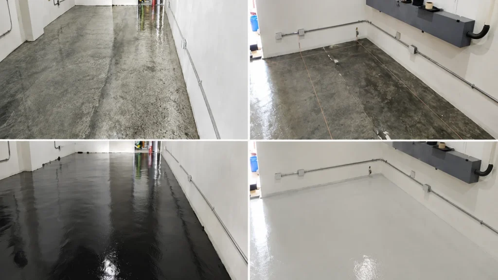 Four-panel progress collage of an ESD flooring installation: bare patchy concrete substrate, copper grounding grid laid across the prepared floor, black conductive base coat applied wet, and the finished light grey epoxy topcoat.