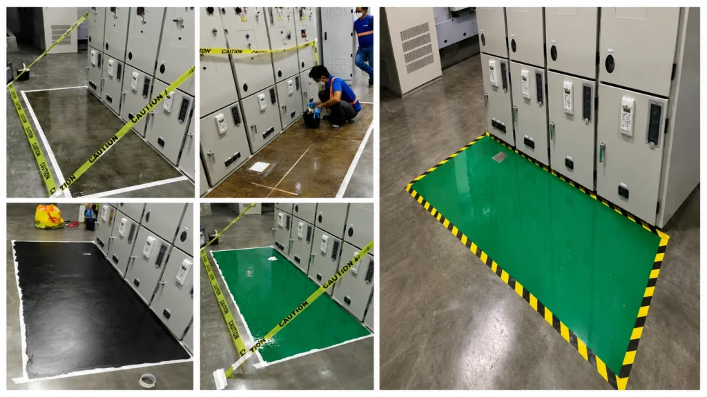 Five-panel progress collage of an ESD floor mat installation in front of an electrical switchgear lineup: the work area masked and cordoned with caution tape, a technician installing the copper grounding grid, the black conductive base coat applied, the green epoxy topcoat curing, and the finished green mat edged with black and yellow hazard tape.