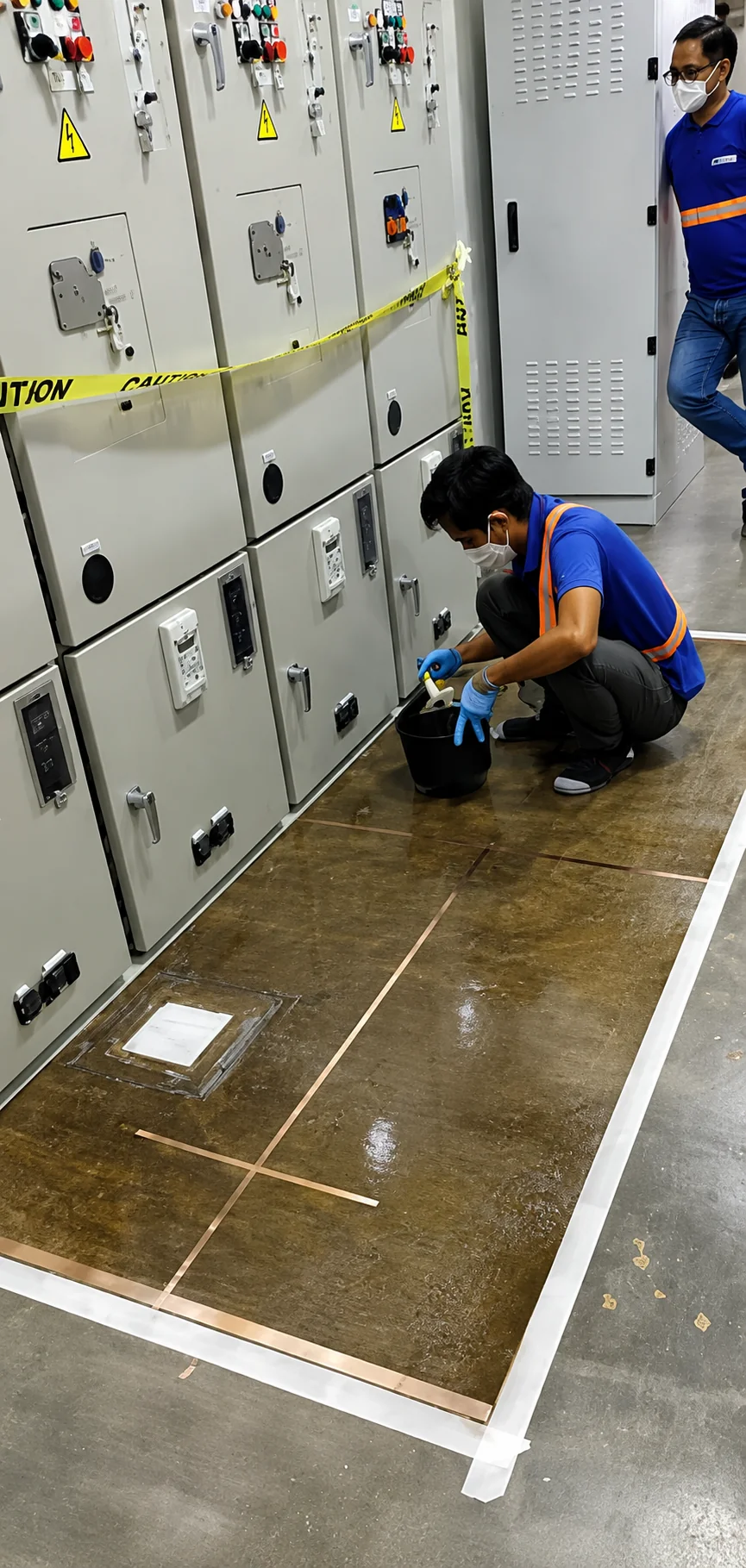 A technician in a face mask and gloves kneeling to install a copper grounding grid on the floor in front of switchgear panels, with a colleague looking on.