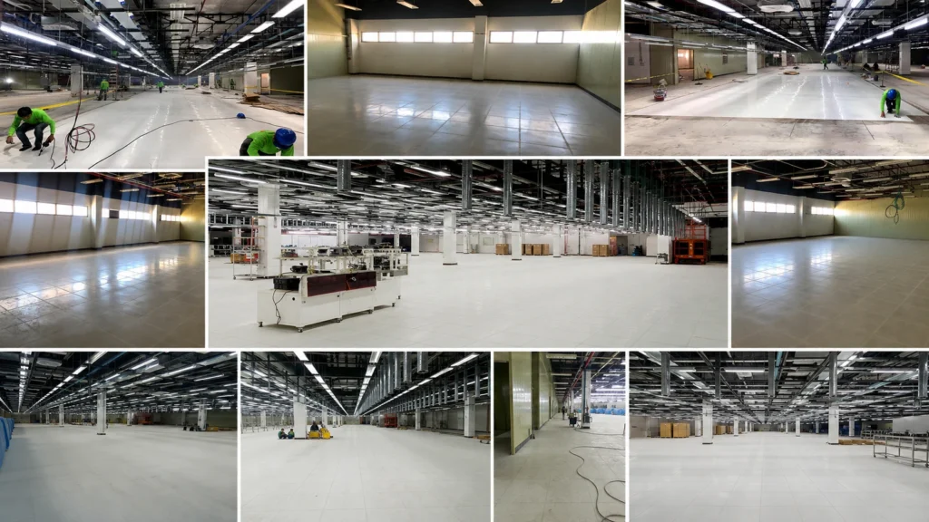 "Collage of ESD flooring project stages in Canlubang, Calamba, from subfloor preparation to finished installation