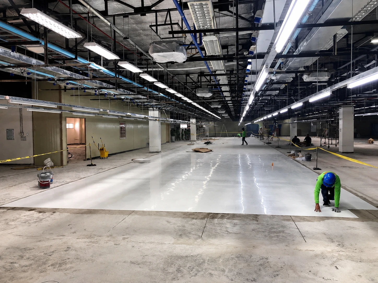 Worker inspecting a newly installed glossy white ESD floor section in a manufacturing hall