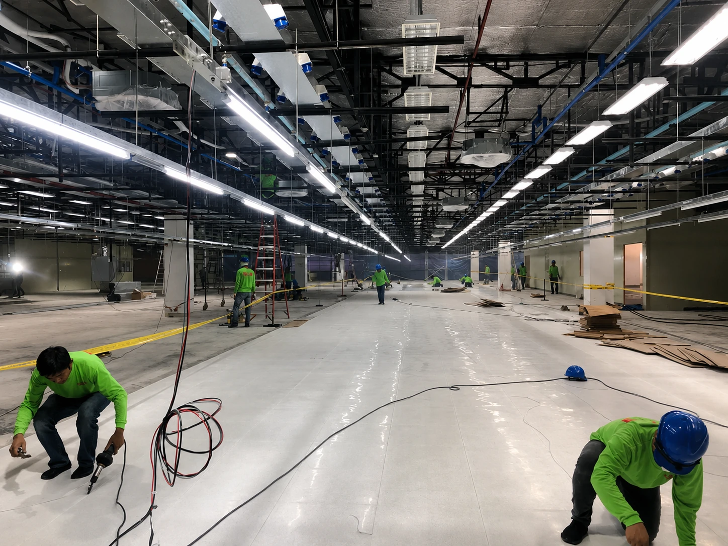 Installers heat-welding seams of white ESD vinyl flooring in a long production hall