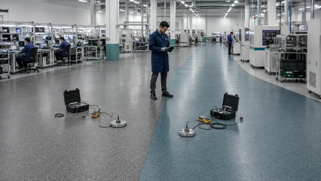 Resistance test kits with electrodes comparing two ESD floor types — gray and blue-green — side by side in an electronics production facility, while an engineer records readings on a tablet