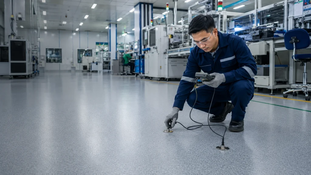 Technician using test electrodes and a resistance meter to verify ESD flooring performance in an electronics manufacturing facility